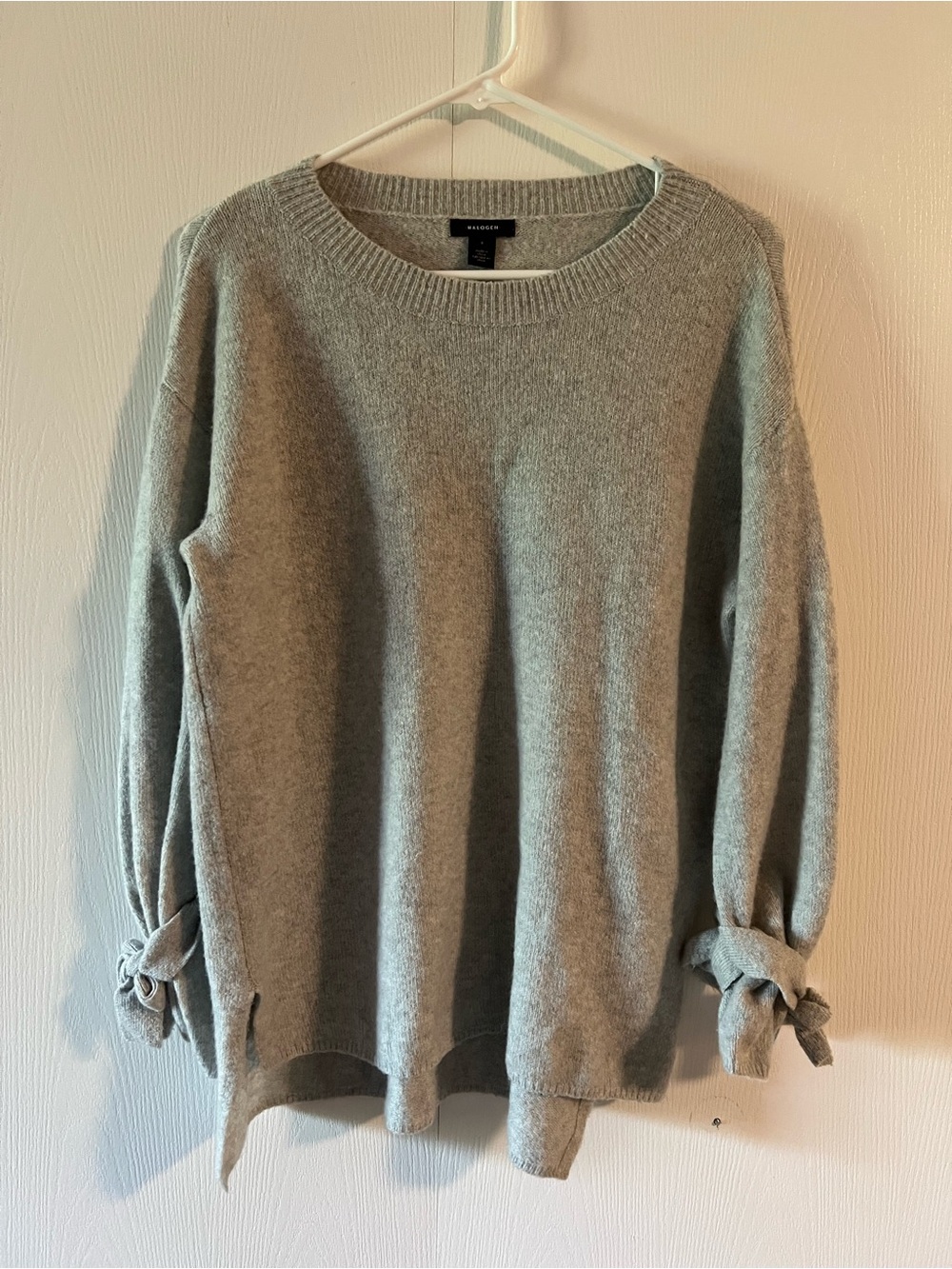 Halogen Gray Crewneck Sweater with Tie-Sleeve Detail